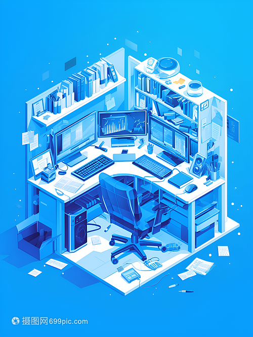 藍(lán)色辦公室插畫(huà) 辦公設(shè)備的美學(xué)與功能交融